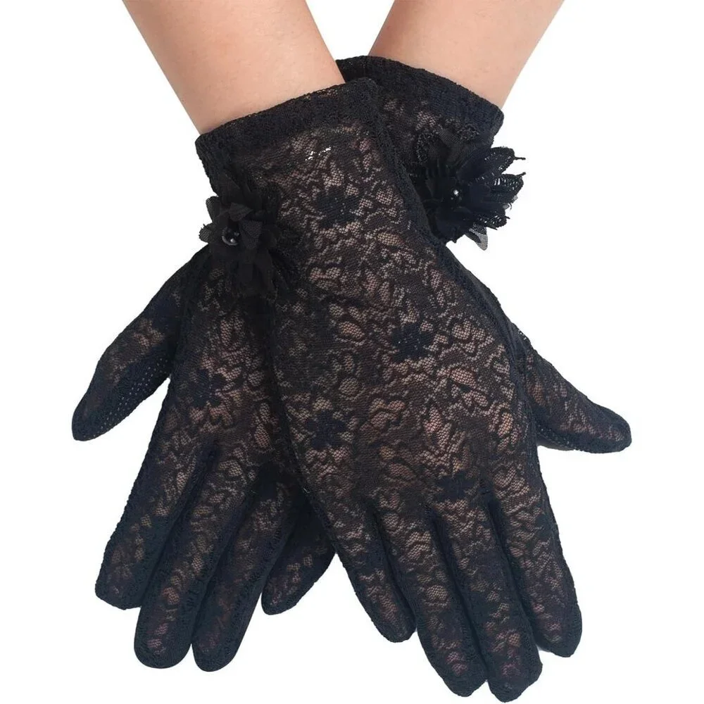 Women's Floral Black Short Lace Gloves Wedding Halloween Cosplay Party Prom